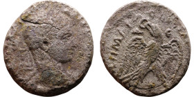 Elagabalus (218-222) Tetradrachm. Obverse: Bust of emperor. Reverse: Eagle standing left, head right, wreath in beak, tail right, wings spread
