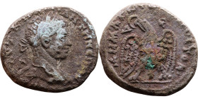 Elagabalus (218-222) Tetradrachm. Obverse: Bust of emperor. Reverse: Eagle standing left, head right, wreath in beak, tail right, wings spread