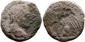 Elagabalus (218-222) Tetradrachm. Obverse: Bust of emperor. Reverse: Eagle standing left, head right, wreath in beak, tail right, wings spread
