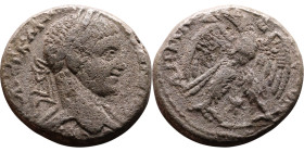Elagabalus (218-222) Tetradrachm. Obverse: Bust of emperor. Reverse: Eagle standing left, head right, wreath in beak, tail right, wings spread