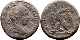 Elagabalus (218-222) Tetradrachm. Obverse: Bust of emperor. Reverse: Eagle standing left, head right, wreath in beak, tail right, wings spread