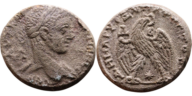 Elagabalus (218-222) Tetradrachm. Obverse: Bust of emperor. Reverse: Eagle stand...