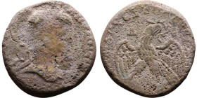 Elagabalus (218-222) Tetradrachm. Obverse: Bust of emperor. Reverse: Eagle standing left, head right, wreath in beak, tail right, wings spread