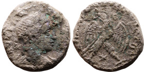 Elagabalus (218-222) Tetradrachm. Obverse: Bust of emperor. Reverse: Eagle standing left, head right, wreath in beak, tail right, wings spread