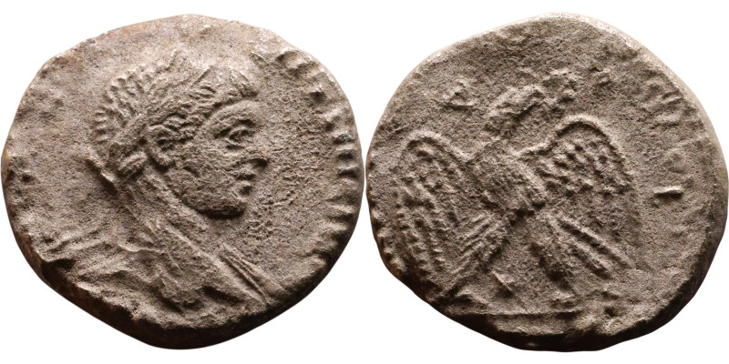 Elagabalus (218-222) Tetradrachm. Obverse: Bust of emperor. Reverse: Eagle stand...