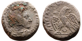 Macrinus  (217-218) Tetradrachm. Obverse: Bust of emperor. Reverse: Eagle standing left, head right, wreath in beak, tail right, wings spread