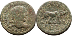 Caracalla (211-217)  Laodicea ad Mare Bronze coin. Obv:  Laureate, draped bust of emperor. Rev: she-wolf standing right, head left, suckling the twins...