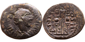 Valerian (253-260)  Pisidia: Antioch Bronze coin. Obv: Radiate, draped bust of emperor Rev: Vexillum with eagle between two standards