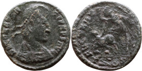 Constans (337-361) Follis. Obv: DN CONSTANS PF AVG; bust of Constants pearl-diademed, draped, cuirassed, right. Rev.: FEL TEMP REPARATIO Soldier, helm...