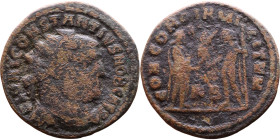 Constantius I (293-306) Antoninianus. Obv: Radiate cuirassed bust of emperor right Rev: CONCORDIA MILITVM. Jupiter standing left presents Victory on a...