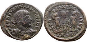 Constantinus II (Caesar:317-337) Follis. Obverse: CONSTANTINVS IVN NOB C, Laureate, draped, cuirassed bust right. Reverse: GLORIA EXERCITVS, two Soldi...