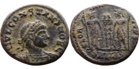 Constans (Caesar: 333-337) Follis. Obverse: Draped, cuirassed bust right. Reverse: GLORIA EXERCITVS, two Soldiers standing front, heads turned inward ...