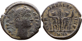 Constans (337 - 350) Follis. Obverse: Draped, cuirassed bust right. Reverse: GLORIA EXERCITVS, two Soldiers standing front, heads turned inward at two...