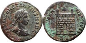 Constantius II (Caesar: 324-337) Follis. Obverse:  Laureate, draped, cuirassed bust  Reverse: Campgate