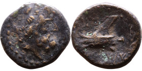 Arados Phoenicia . (2 century BC) Bronze coin. Obv: Bearded head of Zeus right Rev: triple-pointed ram of galley left