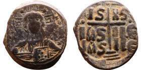 Romanus III (1028-1034) Anonymous FollisObverse: +ЄMMA-NOVH. Nimbate bust of Christ Pantokrator Reverse: Large cross set upon three steps; IS XS above...