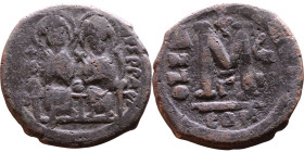 Justin II and Sophia (565-578) Follis Obverse: DN IVSTINVS PP AVG Justin and Sophia on thrones Reverse: Large M between ANNO and regnal year, above cr...