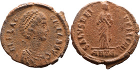 Aelia Flaccilla (379-386) Follis Obverse: AEL FLAC-CILLA AVG, diademed and draped bust Reverse: SALVS REI-PVBLICAE, Empress standing facing, head righ...