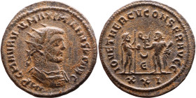 Maximianus. (286-305 ) Antoninianus. Obverse: Bust of Emperor, radiate, draped, right. Reverse: Jupiter standing right holding sceptre and orb facing ...