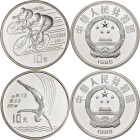 China - Volksrepublik: Olympische Spiele Barcelona 1992, Set 2 x 10 Yuan 1990. Dabei Radsport (KM# 300) sowie Turmspringen (KM# 301). In Kapsel, polie...
