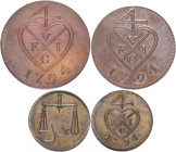Indien: East India Company, Bombay Presidency: Lot 4 Stück 1794 aus Kupfer, dabei ½ Pice (3,22g KM# 192), Pice (6,46g KM# 193) 1½ Pice (9,57g KM# 195)...