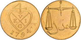 Indien: East India Company, Bombay Presidency: 2 Pice 1794 Copper Gilt proof. KM# 196a. Kratzer im Feld, ex polierte Platte.
 [differenzbesteuert]