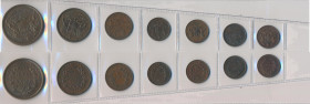 Indien: British East India Company, Victoria 1837-1901: Lot 7 Kupfermünzen, gem. Sammler alle Calcutta Mint, dabei: Half Anna 1845 KM 447.1 (19 berrie...