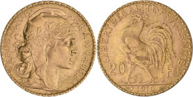 Frankreich: 20 Francs 1910 Hahn / Marianne. 6,44 g, 900/1000 Gold, KM# 857, winz. Kratzer, vorzüglich - Stempelglanz.
 [zzgl. 0 % MwSt.]