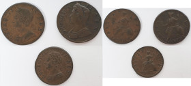 Großbritannien: George II. 1727-1760: Lot 3 Kupfermünzen, dabei Farthing 1754, Halfpenny 1733 und 1751.
 [differenzbesteuert]