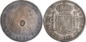 Großbritannien: George III. 1760-1820: Dollar für den Umlauf als 5 Shillings ND (1797) auf einem spanischen 8 Reales 1795 (PTS PP, Potosi, Bolivien, K...