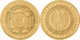 Deutschland: 100 Euro 2002 Währungsunion (J), in Originalkapsel, mit Zertifikat (beschädigt), Jaeger 493. 15,55 g, (½ OZ) 999/1000 Gold, Stempelglanz....