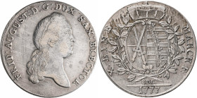 Altdeutschland und RDR bis 1800: Sachsen, Friedrich August III. (I.) 1763-1806-1827: Taler 1777 (Konventionstaler) EDC - Dresden. 27,77 g. Davenport 2...