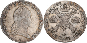 Haus Habsburg: Franz II. (I.) 1792-1835: Kronentaler 1797 H, Günzburg, Herinek 486, Davenport 1180, Kratzer, sehr schön.
 [differenzbesteuert]