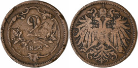 Haus Habsburg: Franz Joseph I. 1848-1916: 2 Heller 1892, seltener Jahrgang. KM# 2801, Herinek 1012, Frühwald 2008, Kratzer und Randschäden, fast schön...