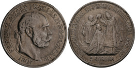 Haus Habsburg: Franz Joseph I. 1848-1916: 5 Korona 1907 KB, Kremnitz, auf den 40. Jahrestag der ungarischen Krönung. Herinek 779, Frühwald 2194, J. 41...
