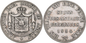 Anhalt-Bernburg: Alexander Carl 1834-1863: Taler 1834 (Ausbeute), Segen des Anhalt. Bergbaues, AKS 15, Jaeger 59, Kratzer, sehr schön.
 [differenzbes...