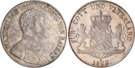 Bayern: Maximilian I. (IV.) Joseph 1799-1806-1825: Taler 1822 (Konventionstaler), AKS 48, Jaeger 13, Davenport 551. Kleine Kratzer, feine Tönung, vorz...