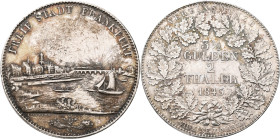 Frankfurt am Main: Freie Stadt: Doppeltaler 1843 (Vereinsmünze, 3½ Gulden, 2 Thaler), Stadtansicht von Westen. 37,11 g. AKS 3, Jaeger 15, Davenport 64...