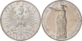 Frankfurt am Main: Freie Stadt: Taler 1862, Deutsches Schützenfest Juli 1862, AKS 44, Jaeger 51, Thun 146. Kratzer, kleine Randfehler, sehr schön+.
 ...