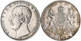 Hannover: Georg V. 1851-1866: Doppeltaler 1866 B (Zwei Vereinstaler XV Ein Pfund Fein), AKS 143, Jaeger 97. Gereinigt, Patinaansatz, kleine Kratzer, w...