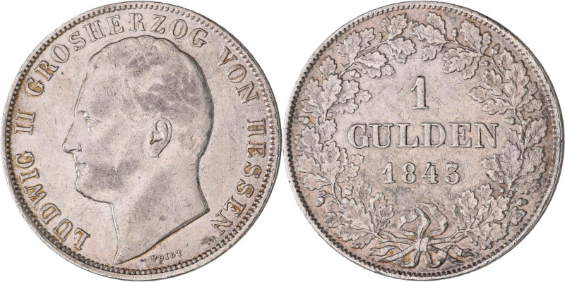 Hessen-Darmstadt: Ludwig II. 1830-1848: Gulden 1843, AKS 105, Jaeger 39. Gereini...