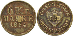 Hessen-Darmstadt: Consumverein Ober Rammstadt: Messingmarke 1864 zu 6 Kreuzer. Stempel (Entwertung?) im Kreuz. Ein bisher unbekanntes Stück.
 [differ...