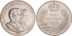 Sachsen: Johann 1854-1873: Doppeltaler 1872 B, auf die Goldene Hochzeit (1822 10. November 1872), AKS 160, Jaeger 133. Schwache Randschrift und Rändel...