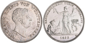 Württemberg: Wilhelm I. 1816-1864: Taler 1833 (Kronentaler), Handelsfreiheit. AKS 67, Jaeger 56. Feine Kratzer, sonst sehr schön - vorzüglich.
 [diff...