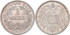 Umlaufmünzen 1 Pf. - 1 Mark: 1 Mark 1909 J, Jaeger 17, seltener Jahrgang, Kratzer, fast vorzüglich.
 [differenzbesteuert]