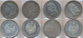 Umlaufmünzen 2 Mark bis 5 Mark: Kleines Lot 4 x 5 Mark, dabei Baden 1876, Preußen 1876 + 1888 sowie Württemberg 1875. Sehr schön oder besser.
 [diffe...