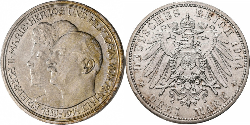 Anhalt: Friedrich II. 1904-1918: 3 Mark 1914 A, Silberhochzeit mit Gemahlin Mari...