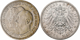 Anhalt: Friedrich II. 1904-1918: 3 Mark 1914 A, Silberhochzeit mit Gemahlin Marie von Baden, Jaeger 24, winzige Kratzer und Randunebenheiten, feine Tö...