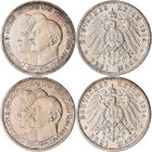 Anhalt: Friedrich II. 1904-1918: 2 x 3 Mark 1914 A, Silberhochzeit mit Gemahlin Marie von Baden, Jaeger 24. Beide mit Kratzern, sonst fast vorzüglich....