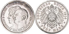 Anhalt: Friedrich II. 1904-1918: 5 Mark 1914, Silberhochzeit mit Gemahlin Marie von Baden, Jaeger 25. Kratzer und kleine Randfehler, gereinigt, sehr s...